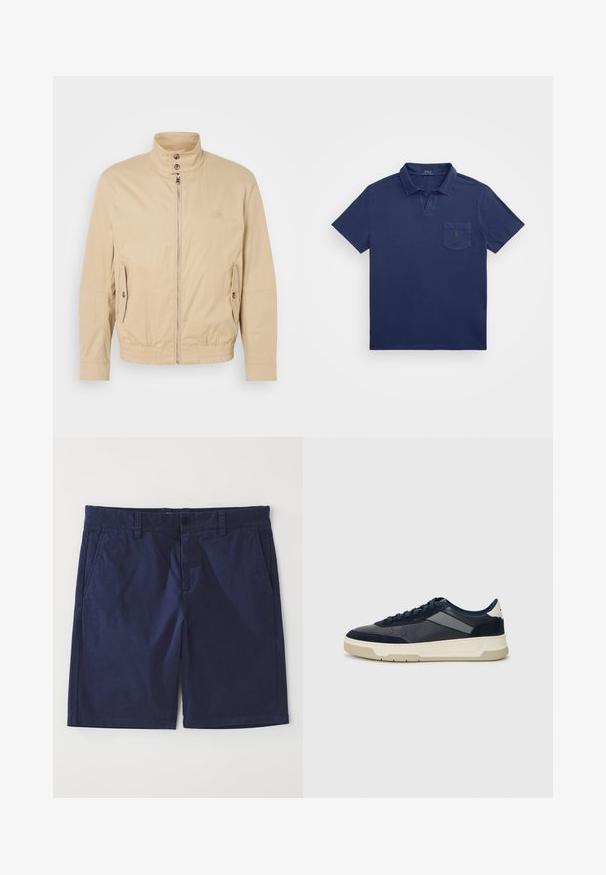 Beige lett jakke med høy krage, glidelås foran, sidelommer og elastiske mansjetter. Teksturert stoff med en subtil glans.; Marineblå polo-skjorte med kort krage, brystlomme og brodert logo. Laget av et mykt, teksturert stoff.; Marineblå bomullsshorts med rett snitt, som har beltehemper, frontlås med knapp, og to sidelommer. Glatt tekstur.; BOSS BALTIMORE - Joggesko - open blue