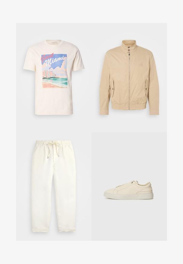 Šviesiai rudas lengvas paltas su aukštu apykakle, priekyje užtrauktuku, šoninėmis kišenėmis ir elastiniais rankogaliais. Textūruotas audinys su subtiliu blizgesiu.; Kreminė medvilninė marškinė su grafiniu spaudiniu, vaizduojančiu Majamio panorama, bangas ir debesis pastelinių spalvų, su užrašais "GANT Miami" ir "Greetings From Florida".; Šviesiai kreminės spalvos, laisvalaikio kelnės iš minkštos medžiagos. Turi elastinį juosmenį su raišteliais ir siaurėjantį kojų dizainą.; Kreminio odos sportbačiai su apvaliu nosiu, minimalistiniu dizainu, subtiliomis siuvimo detalėmis ir tekstūrine viršutine dalimi, ant šviesios pado.