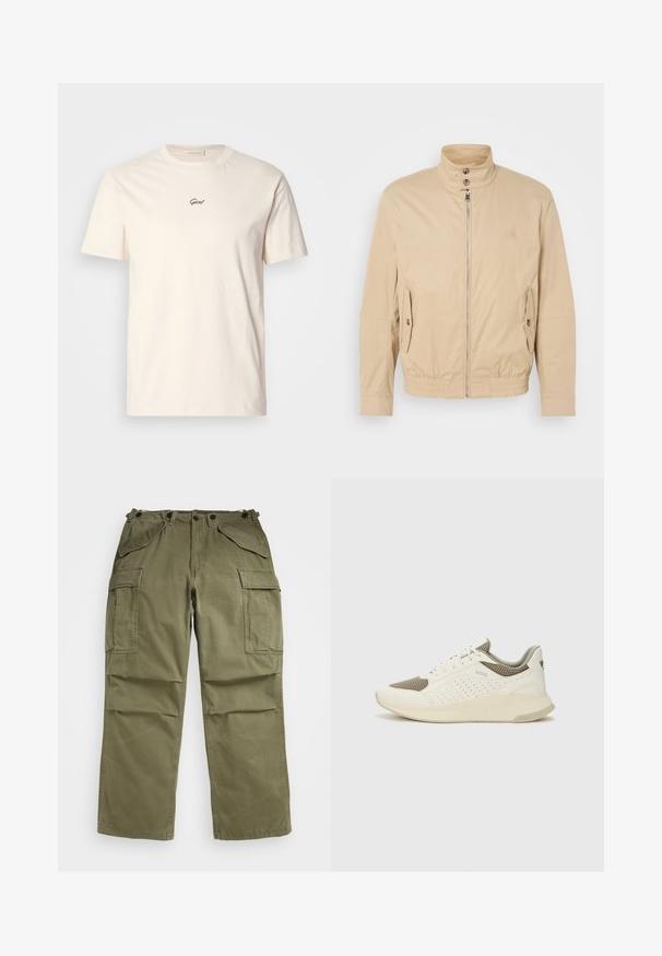 Bēša viegla jaka ar augstu apkakli, priekšējo rāvējslēdzēju, sānu kabatām un elastīgu aproču. Strukturēta auduma ar vieglu mirdzumu.; Kremkrāsas kokvilnas T-krekls ar īsām piedurknēm un apaļu kakla izgriezumu. Iekļauts neliels melns izšūts logotips krūtīs. Mīksta tekstūra.; Olive zaļas militārās bikses, izgatavotas no teksturēta auduma, ar vairākām priekšējām un sānu kabatām un pastiprinātām šuvēm.; Baltas un gaiši bež sporta apavi, ar sieta augšdaļu, perforētiem detaļām un teksturētu vidusdaļu ar zīmolu uz papēža.