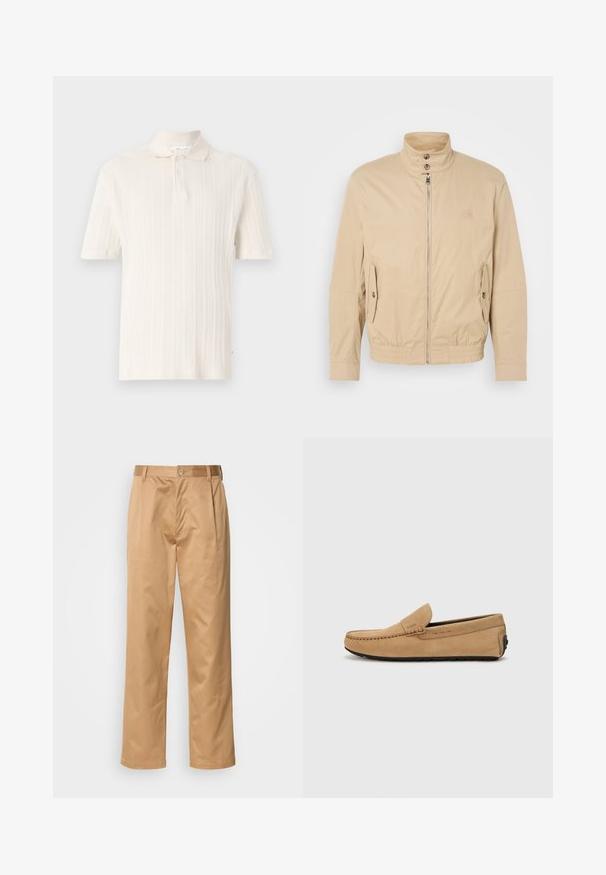 Béžová ľahká bunda s vysokým golierom, predným zipsom, bočnými vreckami a elastickými manžetami. Textúrovaná tkanina s jemným leskom.; Polo tričko s krátkymi rukávmi vyrobené z mäkkej krémovej tkaniny s vertikálnym pruhovaným textúrou, s klasickým golierom a dvoma gombíkmi.; Khaki nohavice, z bavlneného zmesi, priamy strih, predné záhyby, pútka na opasok a gombíkový uzáver. Hladká textúra bez vzoru.; Béžová semišová mokasína s prešitým špikom, jednoduchým obutím a čiernou gumovou podrážkou. Obsahuje jemné logo na boku.