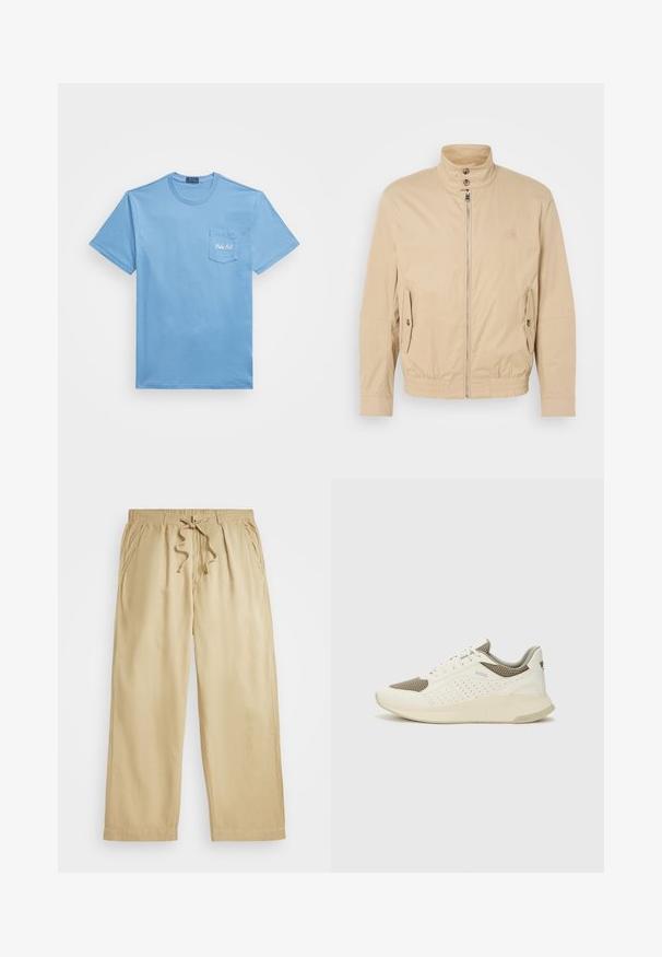 Ανοιχτόχρωμο ελαφρύ μπουφάν με ψηλό γιακά, μπροστινό φερμουάρ, πλαϊνές τσέπες και ελαστικές μανσέτες. Υφή υφάσματος με διακριτική γυαλάδα.; Ανοιχτό γαλάζιο κοντομάνικο μπλουζάκι με στρογγυλή λαιμόκοψη, διαθέτει τσέπη στο στήθος που είναι κεντημένη με το "Polo RL" σε λευκή κλωστή.; Μπεζ παντελόνι με κορδόνι στη μέση, ελαστική μέση, φαρδιά πόδια, δύο πλευρικές τσέπες και ραμμένες λεπτομέρειες στο στρίφωμα. Μάλακο, ελαφρύ ύφασμα.; Λευκό και ανοιχτό μπεζ αθλητικό παπούτσι, με επάνω μέρος από διχτυωτό υλικό, διακοσμήσεις με περφορέ και υφή στην ενδιάμεση σόλα με επωνυμία στη φτέρνα.