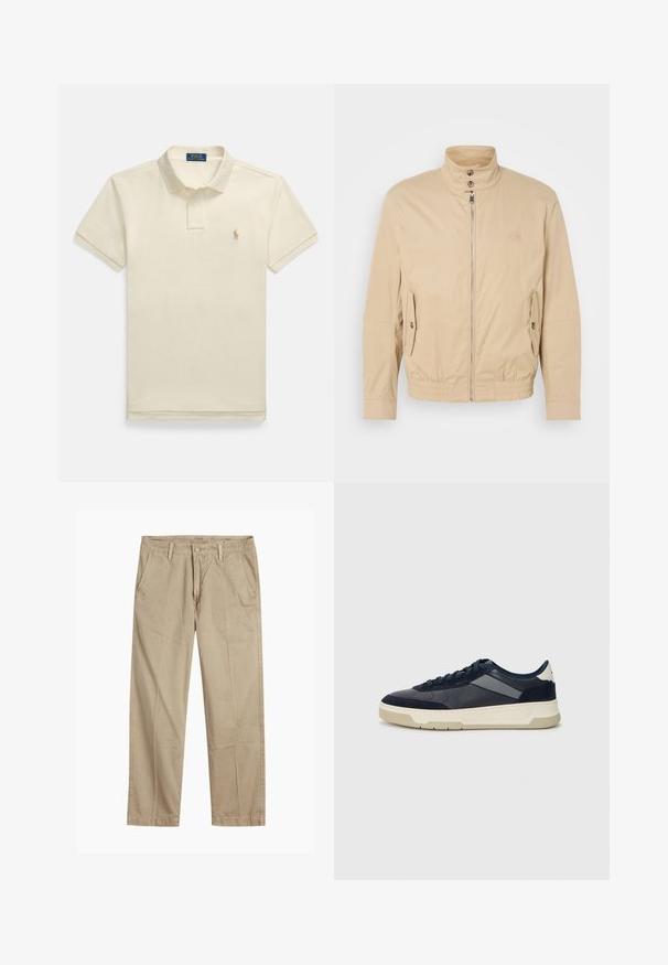 Bēša viegla jaka ar augstu apkakli, priekšējo rāvējslēdzēju, sānu kabatām un elastīgu aproču. Strukturēta auduma ar vieglu mirdzumu.; Bēšas krāsas polo krekls ar īsām piedurknēm, ar pogātu apkakli un mazu izšūtu logotipu uz kreisā krūtīs. Teksturēts kokvilnas materiāls.; Beigās taisnās kājas chinos bikses ar jostas cilpām, priekšējo pogu un rāvējslēdzēja aizdari, kā arī slīpām priekšējām kabatām.; BOSS BALTIMORE - Sporta apavi - open blue