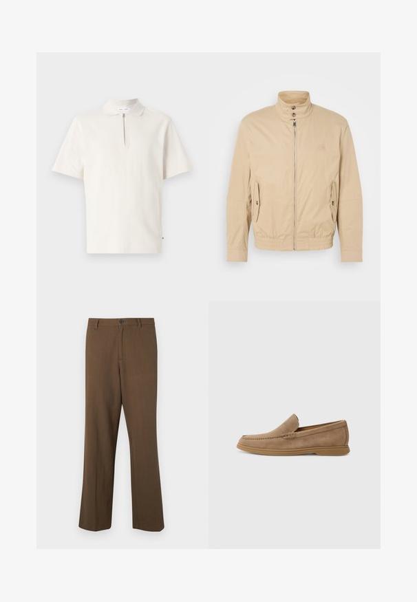 Chaqueta ligera beige con cuello alto, cremallera frontal, bolsillos laterales y puños elásticos. Tejido texturizado con un ligero brillo.; Polo de manga corta en blanco roto, con cuello con cremallera. Fabricado en tejido suave, con un diseño limpio y minimalista y sin patrones visibles.; Pantalones rectos marrones hechos de tela texturizada, con cierre de botón y cintura estándar, con bolsillos laterales y costuras ajustadas.; Mocasines de ante marrón sin cordones con una textura suave y detalles de costura; cuentan con una suela de goma para mayor tracción.