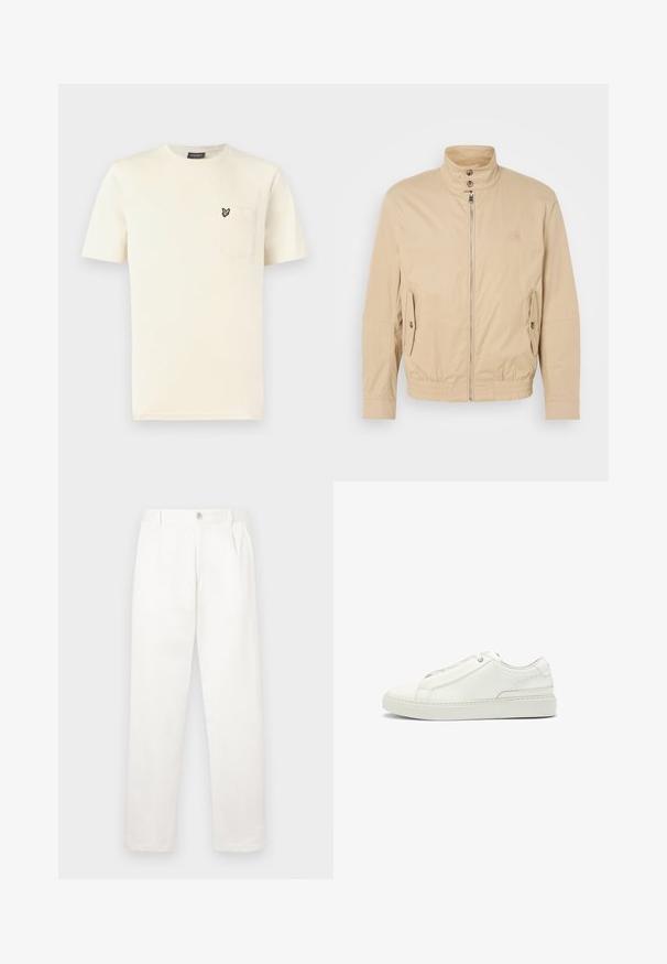 Beige letvægtsjakke med høj krave, frontlynlås, sidelommer og elastiske manchetter. Struktureret stof med en subtil glans.; Kremfarvet bomulds-T-shirt med rund halsudskæring, korte ærmer og en venstre brystlomme med en lille broderet detalje af en sommerfugl.; Hvide bukser lavet af glat stof, med en lige ben design, forpleater og en enkelt knap lukning i taljen.; Hvide lædersneakers med en tekstureret overdel, rund tå, minimalisk design og en gummisål med syede detaljer.