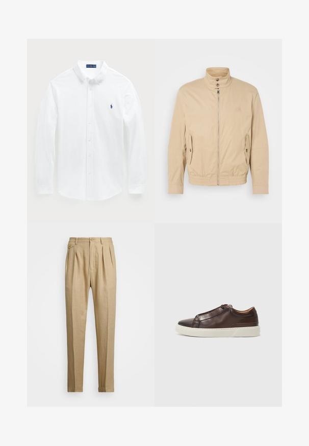 Vaaleanbeige kevyt takki, jossa on korkea kaulus, etuvetoketju, sivutaskut ja joustavat hihansuut. Pintarakenteinen kangas, jossa on hienovarainen kiilto.; Valkoinen pitkähihaista paitaa, jossa on puuvillaa, nappikaulus ja pieni sininen polo-logo rinnassa. Sileä tekstuuri, klassinen istuvuus.; Vaaleat pellavahousut suoralinjaisella leikkauksella, joissa on kaksi etukaitaletta, nappikiinnitys ja sivutaskut. Rakenteellinen kangas, jossa on sileä pinta.; Ruskea nahkainen lenkkari, jossa on pyöristetty kärki, kontrastivärinen valkoinen kumipohja, ommeltuja yksityiskohtia ja ei näkyviä nauhoja. Yhteensopiva sileä pinta.