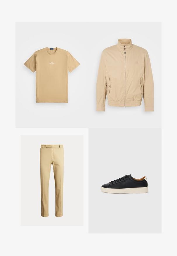 Ανοιχτόχρωμο ελαφρύ μπουφάν με ψηλό γιακά, μπροστινό φερμουάρ, πλαϊνές τσέπες και ελαστικές μανσέτες. Υφή υφάσματος με διακριτική γυαλάδα.; Μπεζ κοντομάνικο μπλουζάκι με στρογγυλή λαιμόκοψη, λογότυπο "Polo Ralph Lauren" σε λευκό κέντρο στο στήθος, μικρό κεντημένο έμβλημα κοντά στο κάτω άκρο.; Καφέ chinos από απαλό βαμβακερό υλικό, με εφαρμοστή σχεδίαση, πτυχώσεις μπροστά και μανίκια στον αστράγαλο για μια πιο στενή εμφάνιση.; Μαύρα δερμάτινα παπούτσια αθλητικά με λεία υφή, μπεζ καουτσούκ σόλα, σχέδιο με κορδόνια και αντίθεση στη φτέρνα.