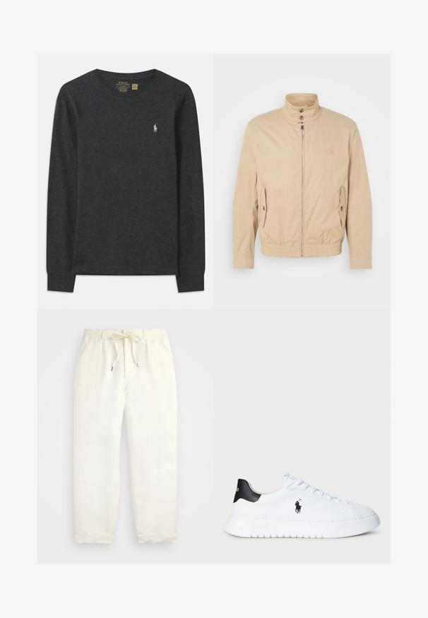 Beige lightweight jacket with high collar, front zipper, side pockets, and elastic cuffs. Textured fabric with a subtle sheen.; Dark gray long-sleeve shirt made of cotton. Features a crew neckline and a small embroidered logo on the left chest. Soft texture.; Light cream, casual pants made of soft fabric. Features an elastic waistband with a drawstring, and tapered leg design.; White low-top sneaker with black heel tab and black Polo Ralph Lauren logo on side, featuring white laces and thick rubber sole.