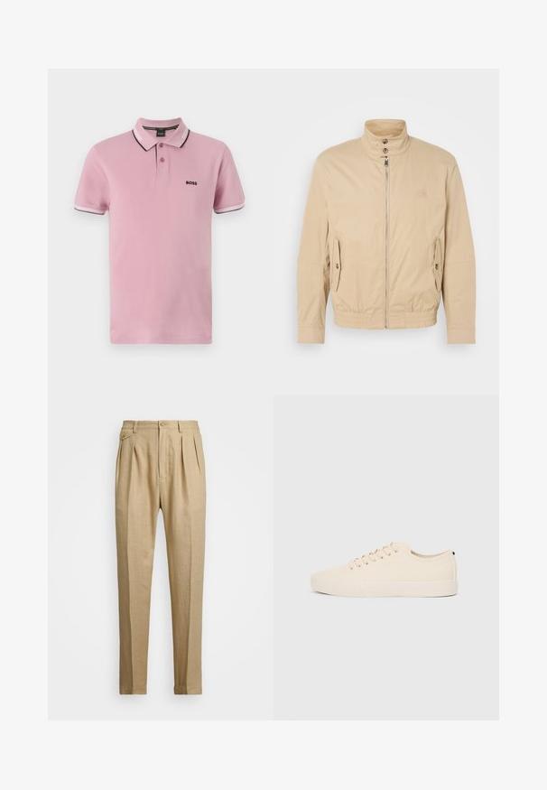 Beige lichte jas met hoge kraag, rits aan de voorkant, zijzakken en elastische manchetten. Gelaagd stof met een subtiele glans.; Polo shirt in lichtroze katoen met een klassieke kraag, een drie-knopssluiting en contrasterende witte en donkere gestreepte accenten op de manchetten.; Beige linnen broek met een rechte snit, voorzien van twee voorplooien, een knoopsluiting en zijzakken. Gestructureerde stof met een gladde afwerking.; Beige canvas sneakers met ronde neus, platte rubberen zool en vetersluiting aan de voorkant. Heeft een minimalistisch ontwerp en een contrasterende zwarte accent bij de hiel.