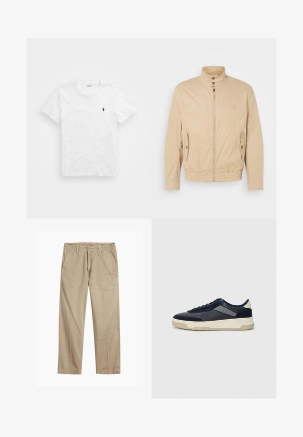 Bēša viegla jaka ar augstu apkakli, priekšējo rāvējslēdzēju, sānu kabatām un elastīgu aproču. Strukturēta auduma ar vieglu mirdzumu.; Balta kokvilnas T-krekls ar apaļu kakla izgriezumu, īsām piedurknēm un mazu tumši zilu logo kreisajā krūtī. Gluda tekstūra, ikdienišķs dizains.; Beigās taisnās kājas chinos bikses ar jostas cilpām, priekšējo pogu un rāvējslēdzēja aizdari, kā arī slīpām priekšējām kabatām.; BOSS BALTIMORE - Sporta apavi - open blue