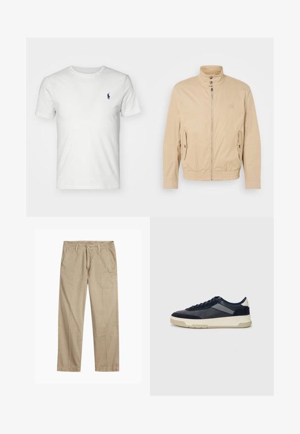Bēša viegla jaka ar augstu apkakli, priekšējo rāvējslēdzēju, sānu kabatām un elastīgu aproču. Strukturēta auduma ar vieglu mirdzumu.; Balts kokvilnas T-krekls ar apaļu apkakli un īsām piedurknēm. Uz kreisā krūšu daļas atrodas neliels, tumši zils polo logo. Gluda tekstūra, ikdienišķa piegriezne.; Beigās taisnās kājas chinos bikses ar jostas cilpām, priekšējo pogu un rāvējslēdzēja aizdari, kā arī slīpām priekšējām kabatām.; BOSS BALTIMORE - Sporta apavi - open blue