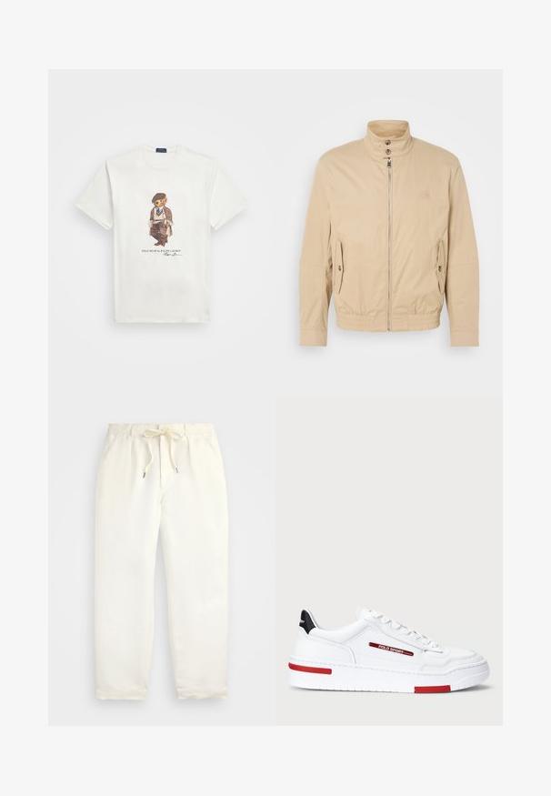 Beige lightweight jacket with high collar, front zipper, side pockets, and elastic cuffs. Textured fabric with a subtle sheen.; White short-sleeve t-shirt with a graphic of a bear dressed in vintage clothes and text "POLO BEAR by RALPH LAUREN" below.; Light cream, casual pants made of soft fabric. Features an elastic waistband with a drawstring, and tapered leg design.; White low-top sneakers with a smooth leather texture, featuring red and black accents, stitched details, and a thick white sole.