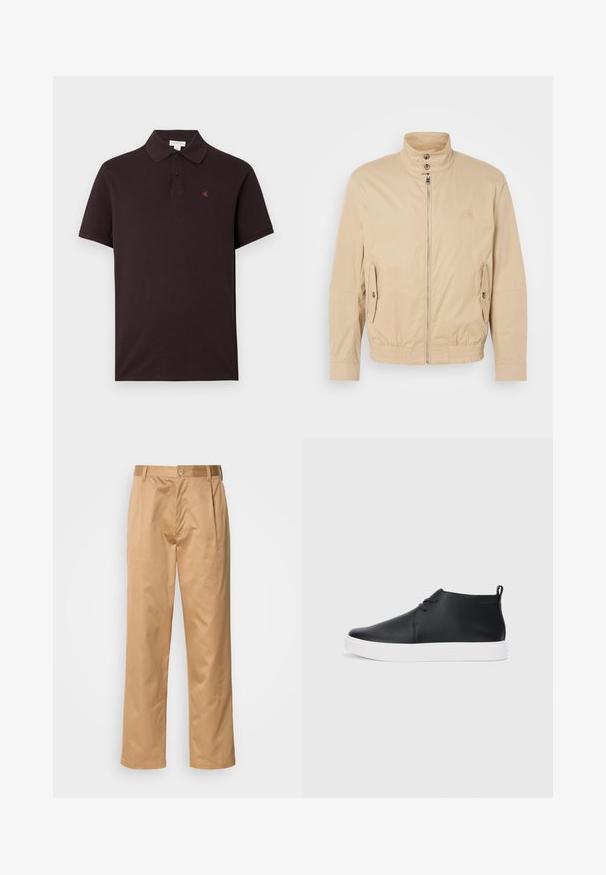 Béžová lehká bunda s vysokým límcem, předním zipem, bočními kapsami a elastickými manžetami. Texturovaná tkanina s jemným leskem.; Černé polo tričko z bavlny s klasickým límečkem, dvěma knoflíky a malým červeným logem na prsou. Krátké rukávy, hladká textura.; Khaki kalhoty, směs bavlny, rovný střih, přední záhyby, poutka na opasek a knoflíkové zapínání. Hladká textura bez vzorů.; Černé kožené vysoké tenisky s hladkým povrchem, bílou gumovou podrážkou a jednoduchým šněrováním. Obsahují poutko na zadní straně.