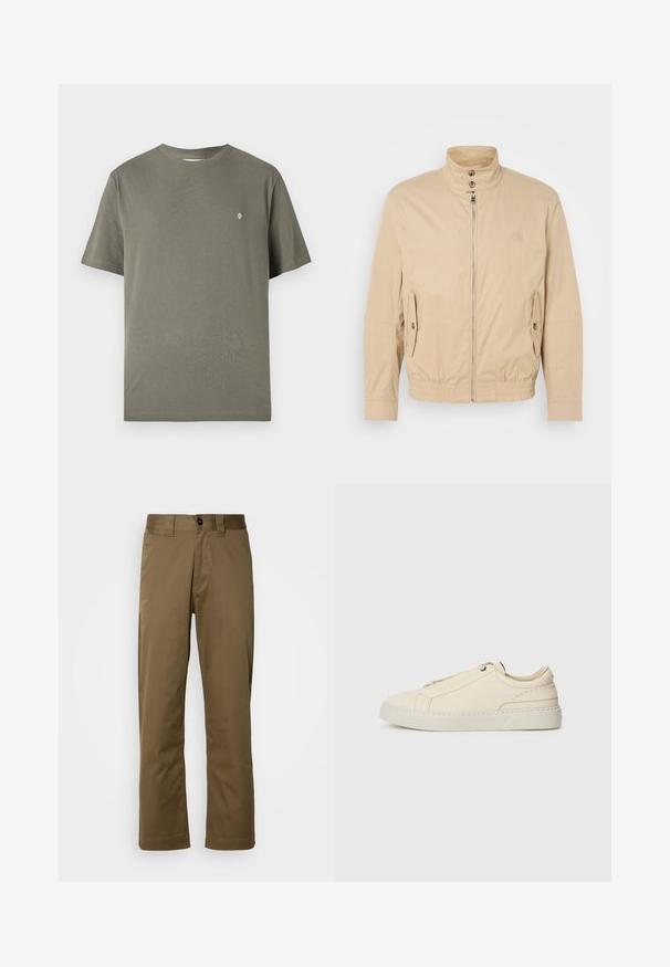 Giacca leggera beige con colletto alto, zip frontale, tasche laterali e polsini elastici. Tessuto texturizzato con una leggera lucentezza.; T-shirt di cotone verde oliva con collo rotondo, maniche corte e un piccolo logo bianco sul petto. Design semplice e privo di adornamenti.; Pantaloni marroni a gamba dritta realizzati in tessuto intrecciato. Presentano una chiusura con bottone, tasche laterali e una texture liscia. Vestibilità sartoriale.; Sneaker in pelle beige con punta arrotondata, design minimalista, dettagli di cucitura sottili e una parte superiore testurizzata, su una suola chiara.