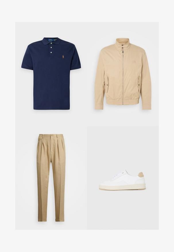 Beige lightweight jacket with high collar, front zipper, side pockets, and elastic cuffs. Textured fabric with a subtle sheen.; Navy blue cotton polo shirt with a classic collar, three-button placket, and an embroidered logo on the chest. Short sleeves, smooth texture.; Beige linen trousers with a straight cut, featuring two front pleats, a button closure, and side pockets. Textured fabric with a smooth finish.; White low-top sneakers with a textured leather upper, cream ridged sole, and a tan heel accent. Features white laces and logo detail on heel.