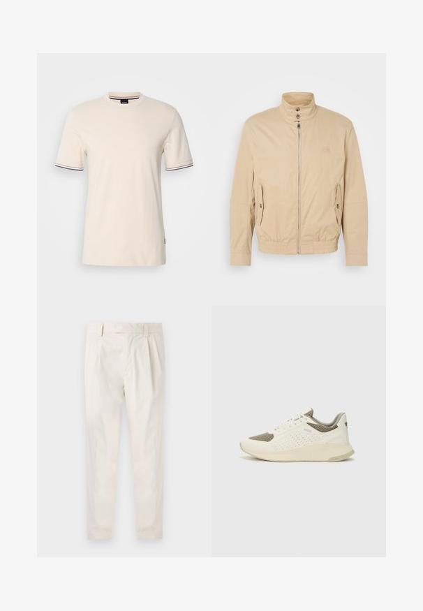 Jachetă ușoară bej, cu guler înalt, fermoar frontal, buzunare laterale și manșete elastice. Material texturat cu un luciu subtil.; Tricou bej cu mânecă scurtă, realizat din bumbac, având guler rotund, detalii contrastante pe mâneci și o etichetă cu logo pe lateral.; Pantaloni albi plisati, cu o croială ajustată, având o textură netedă, bucle pentru curea și picioare conice. Fără buzunare vizibile sau modele.; Tenis sportivi alb și bej deschis, cu un înveliș din plasă, detalii perforate și o talpă intermediară texturată, având marcaj pe călcâi.