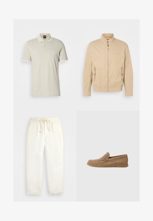 Beige kergest jakist kõrge kraega, ees lukuga, külgedel taskud ja elastsete mansettidega. Tekstuuriga kangas, millel on õrn kuma.; Helebeige puuvillane polo-särk, millel on valge kaelus ja varrukate aksendid, kahe nupuga klapp ning rinnal logo silt.; Hele kreemjad, mugavad püksid pehmest kangast. Omavad elastset vöökohta stringiga ning kitsenevat jala disaini.; Pruunid nahast slip-on loafers, millel on sile tekstuur ja õmblustehnikaga viimistlus; omaduseks on kummitald, mis tagab hea haarduvuse.
