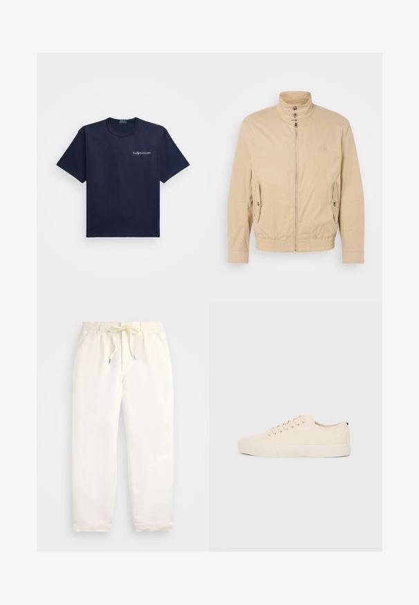 Vaaleanbeige kevyt takki, jossa on korkea kaulus, etuvetoketju, sivutaskut ja joustavat hihansuut. Pintarakenteinen kangas, jossa on hienovarainen kiilto.; Polo Ralph Lauren SHORT SLEEVED - T-paita - cruise navy; Vaalean kermanväriset, rentoihin housut pehmeästä kankaasta. Ominaisuuksia ovat joustava vyötärönyöri, ja kavennetut lahkeet.; Beige kankaan tennarit pyörävarvalla, littealla kumipohjalla ja nauhakiinnityksellä. Minimalistinen muotoilu ja kontrastivärinen musta yksityiskohta kantapäässä.