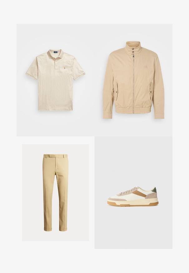 Ανοιχτόχρωμο ελαφρύ μπουφάν με ψηλό γιακά, μπροστινό φερμουάρ, πλαϊνές τσέπες και ελαστικές μανσέτες. Υφή υφάσματος με διακριτική γυαλάδα.; Μπεζ πόλο μπλουζάκι από υφασμένο βαμβάκι με τριπλό κουμπί και κοντά μανίκια. Διαθέτει ένα μικρό λογότυπο στο αριστερό στήθος.; Καφέ chinos από απαλό βαμβακερό υλικό, με εφαρμοστή σχεδίαση, πτυχώσεις μπροστά και μανίκια στον αστράγαλο για μια πιο στενή εμφάνιση.; Αθλητικά παπούτσια σε μπεζ, κρεμ και ελαιοπράσινο χρώμα, κατασκευασμένα από σουέτ και δέρμα, με στρογγυλή μύτη, μινιμαλιστικό σχέδιο και καουτσούκ σόλα.