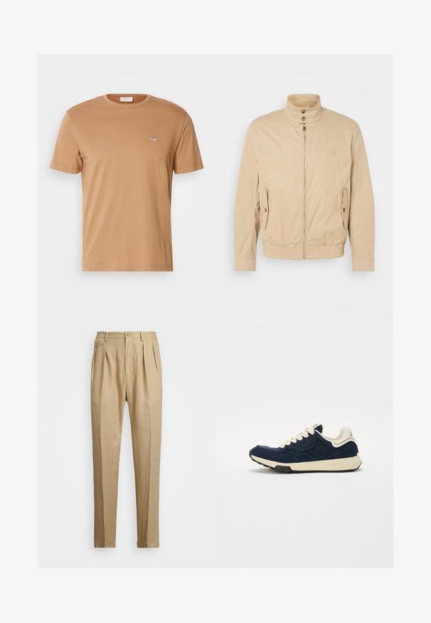 Bēša viegla jaka ar augstu apkakli, priekšējo rāvējslēdzēju, sānu kabatām un elastīgu aproču. Strukturēta auduma ar vieglu mirdzumu.; GANT PRINTED ARCHIVE SHIELD - Pamata T-krekls - roasted walnut; Bēšas lina bikses ar taisnu griezumu, ar divām priekšējām krokām, pogu aizdari un sānu kabatām. Strukturēta auduma virsma ar gludu apdari.; Tumši zili sporta apavi ar teksturētu zamša augšdaļu, krēmkrāsas šņorēm un bēšu vidusdaļu. Iespējo klasisku sporta dizainu un gumijas zoli.