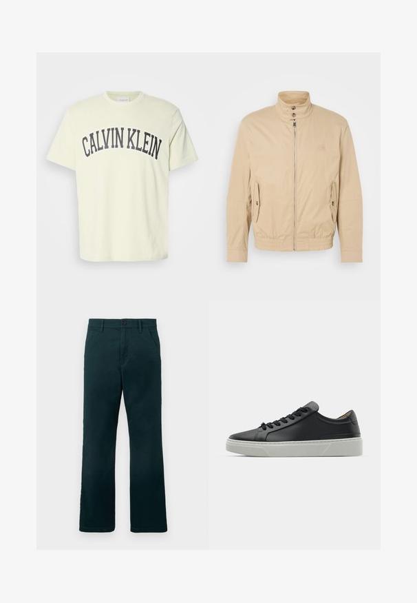 Beige lightweight jacket with high collar, front zipper, side pockets, and elastic cuffs. Textured fabric with a subtle sheen.; Light yellow cotton t-shirt with a round neckline. Features a bold, dark gray "CALVIN KLEIN" logo arched across the chest. Short sleeves.; Dark green straight-leg trousers with belt loops, side pockets, and a button closure on a plain white background.; Black leather sneaker with a smooth texture, round toe, and black laces. Features a thick, white rubber sole with subtle geometric accents.