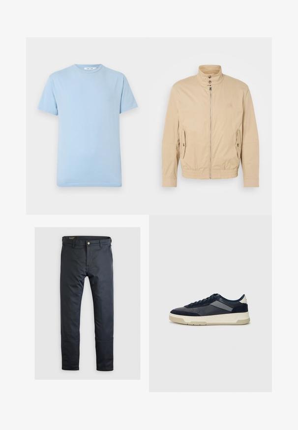 Beige, könnyű dzseki magas gallérral, elülső cipzárral, oldalsó zsebekkel és elastikus mandzsettákkal. Struktúrált anyag finom fényességgel.; Világoskék, rövid ujjú póló, puha pamutból készült. Klasszikus kerek nyakú kialakítás, sima tapintású, látható minták vagy díszítések nélkül.; Sötétkék nadrág sima anyagból, gombos záródással, övhurkokkal és diszkrét varrási részletekkel; klasszikus egyenes szárú dizájn.; BOSS BALTIMORE - Sportcipő - open blue