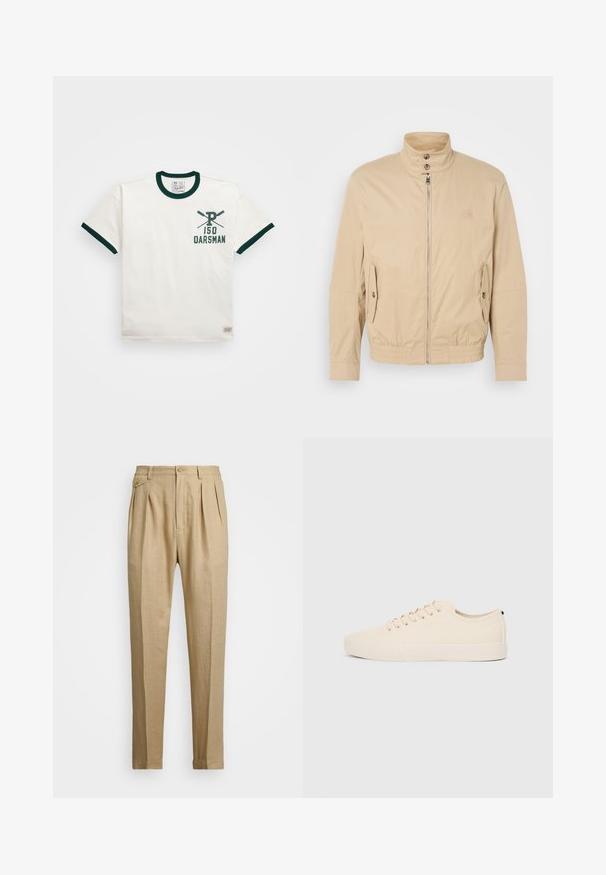 Beżowa lekka kurtka z wysokim kołnierzem, przednim zamkiem błyskawicznym, bocznymi kieszeniami i elastycznymi mankietami. Teksturowany materiał o subtelnym połysku.; Kremowa koszulka z krótkim rękawem z ciemnozielonym ściągaczem przy kołnierzyku i rękawach. Zawiera graficzny nadruk krzyżujących się wioślarzy oraz tekst "150 OARSMAN".; Beżowe lniane spodnie o prostym kroju, z dwoma fałdami z przodu, z zapięciem na guzik i kieszeniami po bokach. Teksturowana tkanina o gładkim wykończeniu.; Beżowe trampki z płóciennym wierzchem, okrągłym noskiem, płaską gumową podeszwą oraz sznurówką z przodu. Charakteryzują się minimalistycznym designem i kontrastowym czarnym akcentem na pięcie.