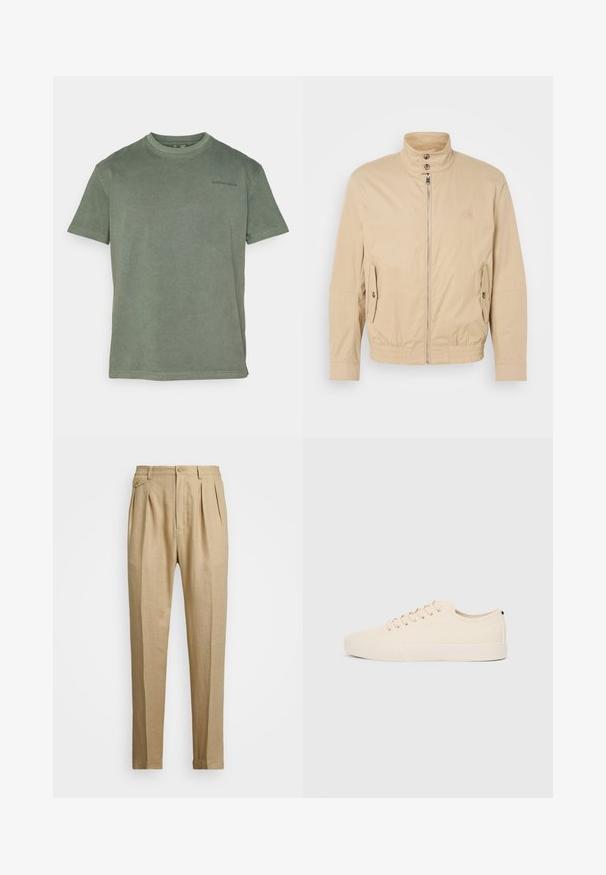 Jachetă ușoară bej, cu guler înalt, fermoar frontal, buzunare laterale și manșete elastice. Material texturat cu un luciu subtil.; Tricou din bumbac de culoare verde măsliniu, cu guler rotund, mâneci scurte, având un logo mic, negru, pe partea stângă a pieptului și o croială lejeră.; Pantaloni din in bej cu croi drept, având două pliuri frontale, închidere cu nasture și buzunare laterale. Material texturat cu un finisaj neted.; Tenisi din pânză bej cu vârf rotund, talpă plată din cauciuc și șireturi în față. Au un design minimalist și un accent contrastant negru la călcâi.