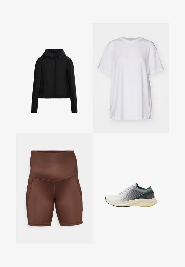 Black hooded jacket made from lightweight fabric. Features a front zipper, long sleeves, and a cropped cut. Smooth texture with no visible patterns.; White oversized t-shirt made of cotton, featuring a crew neckline, short sleeves, and side slits for a relaxed fit. Smooth texture.; Brown athletic shorts with a high waistband, smooth texture, and flat seams. Design features a fitted shape and knee-length cut.; Lightweight running shoe with a textured grey and white mesh upper, flexible sole, and a lime green accent on the outsole.