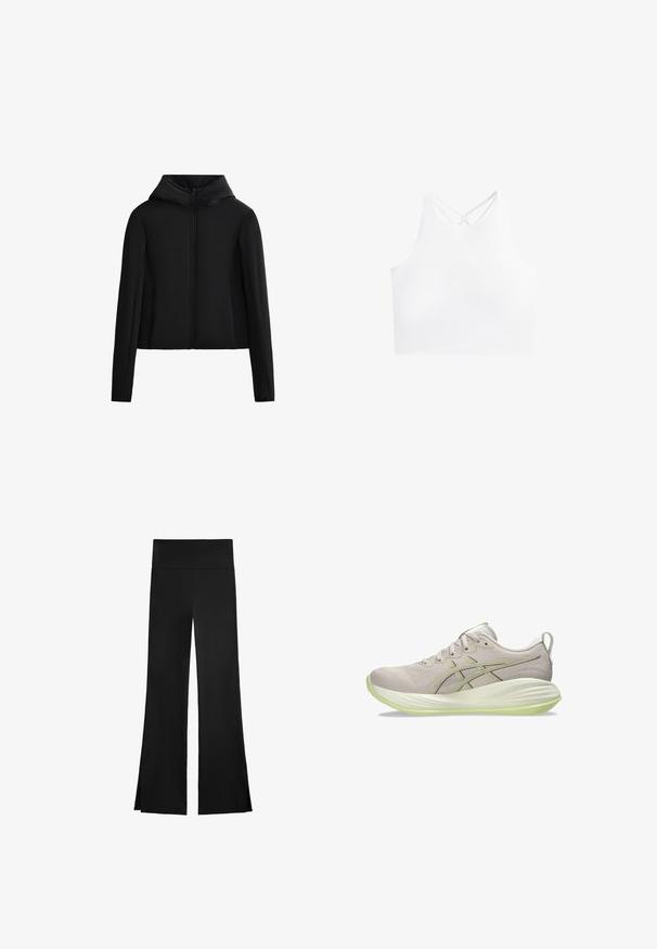 Black hooded jacket made from lightweight fabric. Features a front zipper, long sleeves, and a cropped cut. Smooth texture with no visible patterns.; White athletic crop top with a high neckline and dual crisscross straps at the back, featuring a smooth, stretchy fabric texture.; Black pants with a wide-leg design, featuring a high waistband and side slits for ease of movement. Made from a smooth, stretchy fabric.; Light gray athletic shoe with a smooth textile upper, yellow-green accents, textured sole, and traditional lacing system.