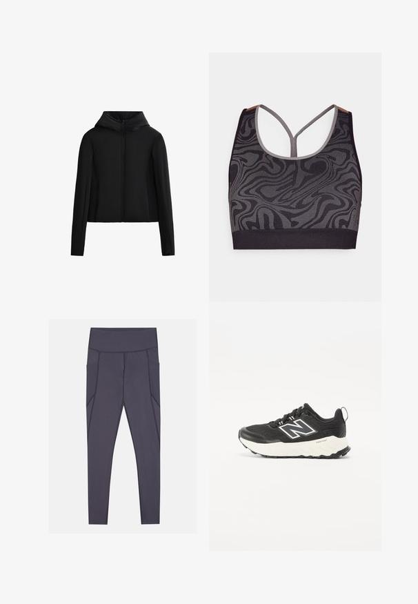 Sort hættetrøje lavet af letvægtsstof. Har en frontlynlås, lange ærmer og en cropped snit. Glat tekstur uden synlige mønstre.; Sort sports-bh med grå spiralmønster, med en scoopudskæring og racerback-design. Lavet af struktureret strikstof.; Mørkegrå leggings med høj talje, der har sidelommer og strukturerede syninger. Fremstillet af strækbart, åndbart stof.; Sort sportsko med et tekstureret stofoverdel, en kontrasterende hvid mellemsål og et fremtrædende gråt logo på siden. Gummisål med godt greb.