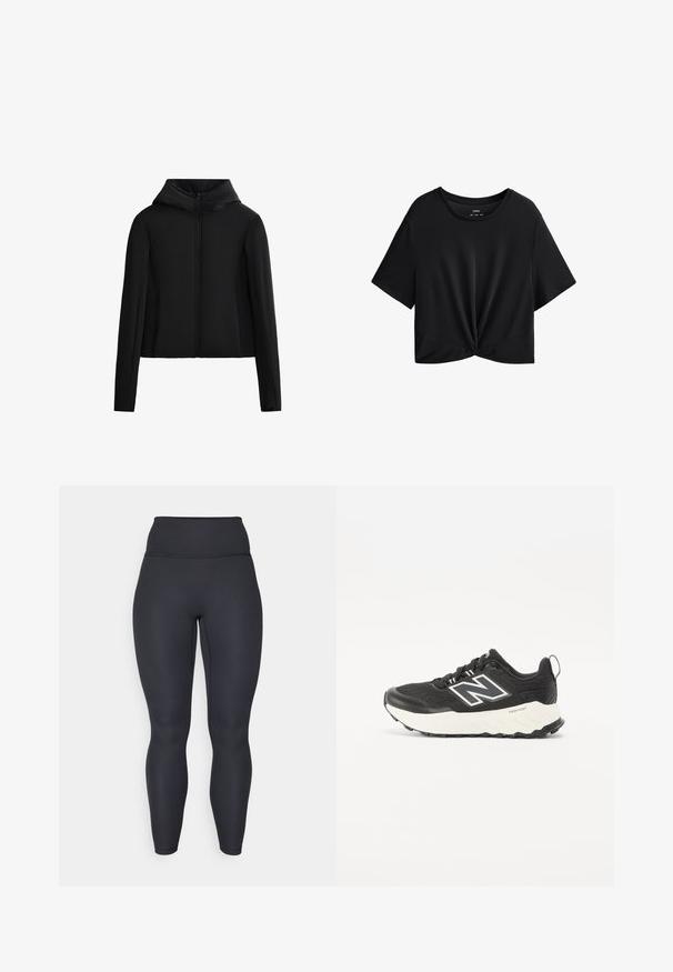 Černá kapucová bunda vyrobená z lehké tkaniny. Disponuje předním zipem, dlouhými rukávy a zkráceným střihem. Hladká textura bez viditelných vzorů.; Černé zkrácené tričko vyrobené z měkké tkaniny, s kulatým výstřihem, krátkými rukávy a uzlem na přední části dolního okraje.; Černé vysoce páskové žebrované legíny s přiléhavým střihem, hladkým povrchem a celkovou délkou. Obsahují široký pas pro podporu.; Černé sportovní boty s texturovaným svrškem, kontrastní bílou mezipodešví a výrazným šedým logem na straně. Gumová podešev s dobrou trakci.