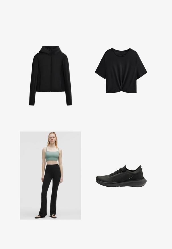 Črna kapuca jakna iz lahkih materialov. Ima sprednji zadrgo, dolge rokave in krajši kroj. Gladka tekstura brez vidnih vzorcev.; Črna skrajšana majica s kratkimi rokavi, izdelana iz mehkega blaga, z okroglim izrezom in s spletim detajlom na robu.; Zeleni rebrasti kratki top z tanjšimi naramnicami, v kombinaciji z visokotlačnimi črnimi širokimi leginami in črnimi natikači na nevtralni podlagi.; Črni športni čevelj z zgornjim delom iz teksturirane mrežice, ukrivljeno podplatom in minimalističnim dizajnom z vezalkami ter diskretnim blagovnim znamčenjem.