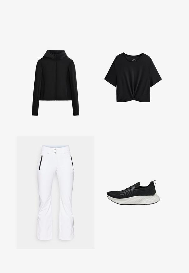 Jachetă neagră cu glugă, confecționată dintr-un material ușor. Dispune de un fermoar frontal, mâneci lungi și o croială scurtă. Textură netedă, fără modele vizibile.; Tricou scurt, negru, confecționat dintr-un material moale, cu guler rotund, mâneci scurte și un detaliu legat în față la tiv.; Pantaloni de schi albi, cu croi conic, două buzunare laterale cu fermoar, negre, și două nasturi metalici la talie. Material neted, rezistent la apă.; Pantofii sport negri au un superior texturat, o talpă albă căptușită și branding subtil. Dispun de un tab de tragere și închidere cu șiret.