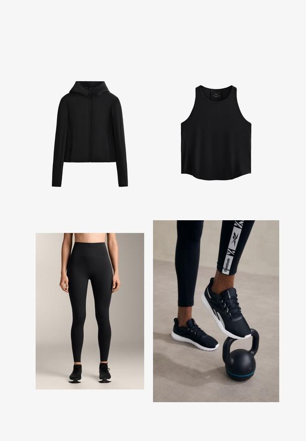 Sort hættetrøje lavet af letvægtsstof. Har en frontlynlås, lange ærmer og en cropped snit. Glat tekstur uden synlige mønstre.; Sort ærmeløs top lavet af glat stof, med en rund halsudskæring, lige snit og sidelapper med en subtil tekstur.; Højtaljede sorte leggings lavet af strækbart stof, med en glat tekstur, syningsdetaljer og et tætsiddende design.; Svarte atletiske sko med en tekstureret overdel, hvid sål og grå accenter, placeret på en sort kettlebell med en blå stribe, mod en neutral baggrund.