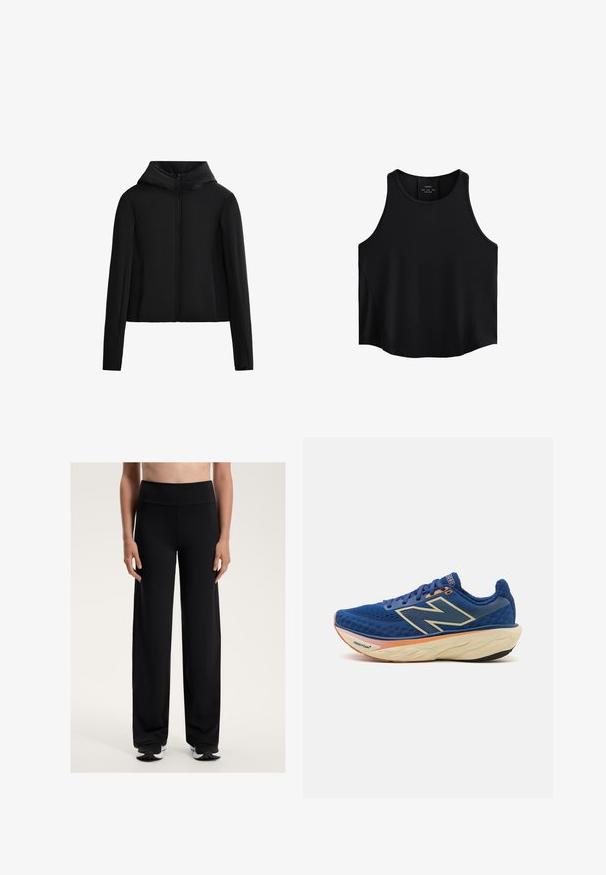 Giacca nera con cappuccio realizzata in tessuto leggero. Presenta una zip frontale, maniche lunghe e una vestibilità cropped. Tessuto liscio senza motivi visibili.; Top senza maniche nero realizzato in tessuto liscio, caratterizzato da un collo arrotondato, taglio dritto e pannelli laterali con una leggera trama.; Pantaloni sportivi neri a gamba larga con vita alta. Realizzati in un tessuto liscio ed elastico, presentano una vestibilità comoda e una trama sottile.; Scarpa da corsa blu con tomaia in mesh traspirante, colletto imbottito e suola ammortizzata con accento arancione. Visibile il marchio "Fresh Foam".