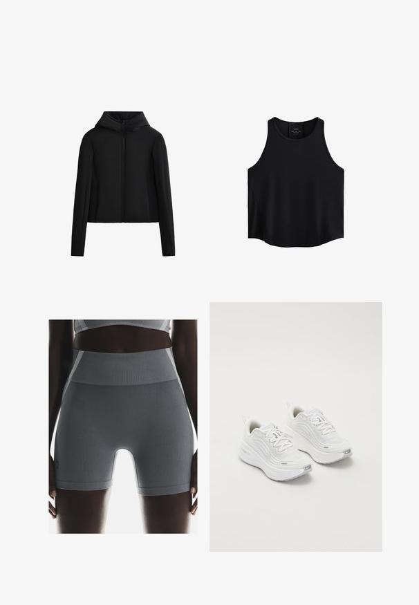 Takki, jossa on musta huppari, valmistettu kevyestä kankaasta. Ominaisuuksiin kuuluvat etuvetoketju, pitkät hihat ja lyhennetty leikkaus. Sujuva pinta ilman havaittavia kuvioita.; Musta hihaton pusero, joka on valmistettu sileästä kankaasta. Siinä on pyöreä pääntie, suora leikkaus ja sivupaneelit, joissa on huomaamaton tekstuuri.; Harmaat ribattua urheilushortsia, joissa on korkea vyötärö, sileä pinta ja istuva muoto, täydentää sivulla oleva pieni brändilogo.; Valkoiset urheilukengät, joissa on teksturoitu verkkoma upper, pehmustettu pohja ja hillityt harmaat yksityiskohdat. Mukana brändäys ja silmukkamuotoinen kantapäänvetotappi helppoa pukeutumista varten.