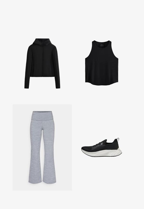 Crna kapuljača od laganog materijala. Ima prednji patentni zatvarač, duge rukave i skraćeni kroj. Glatka tekstura bez vidljivih uzoraka.; Crna bezrukavna majica od glatkog materijala, s okruglim dekolteom, ravnim krojem i bočnim panelima s suptilnom teksturom.; Sive flare legging s širokim pojasom; izrađene od mekog, teksturiranog materijala sa melanj uzorkom kroz cijelu površinu.; Crna atletska cipela s teksturiranim gornjim dijelom, bijelim jastučićem potplatom i suptilnim brendingom. Ima petlju za povlačenje i vezanje.