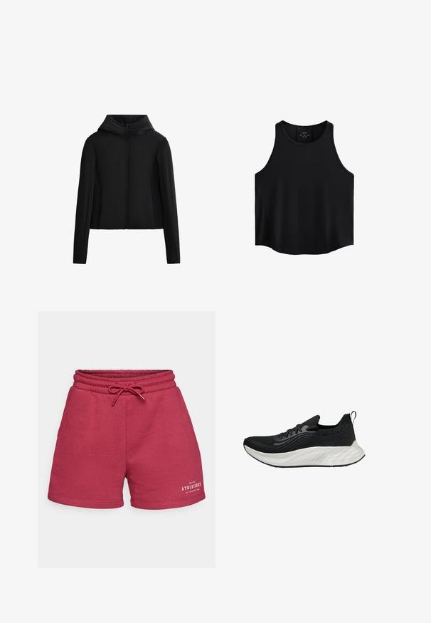 Fekete kapucnis dzseki, könnyű anyagból készült. Elöl zipzárral, hosszú ujjal és cropped fazonnal rendelkezik. Simá szövésű, látható minták nélkül.; Fekete ujjatlan felső sima anyagból, lekerekített nyakkivágással, egyenes szabással és oldalsó panelekben diszkrét textúrával.; Burgundivörös pamuttartalmú rövidnadrág, amely elasztikus derékrésszel és zsinórral rendelkezik. Oldalsó zsebeivel és fehér nyomtatott logó részlettel a frontrészen.; Fekete sportcipő texturált felsőrésszel, fehér párnázott talppal és diszkrét logóval. Húzófül és fűzős záródás jellemzi.