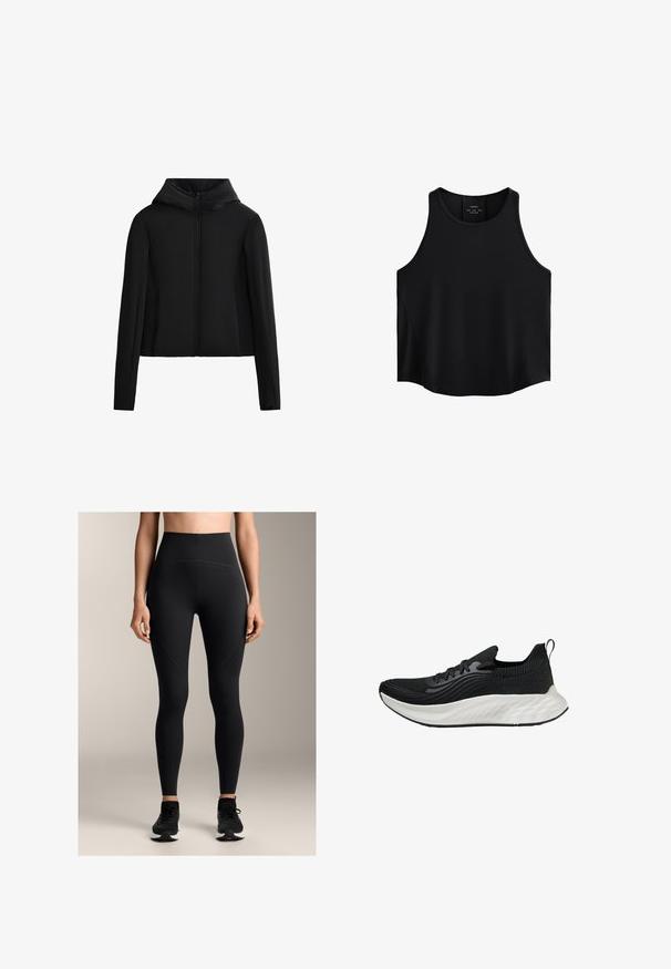 Black hooded jacket made from lightweight fabric. Features a front zipper, long sleeves, and a cropped cut. Smooth texture with no visible patterns.; Black sleeveless top made of smooth fabric, featuring a rounded neckline, straight cut, and side panels with a subtle texture.; High-waisted black leggings made from stretchy fabric, featuring a smooth texture, seam detailing, and a fitted design.; Black athletic shoe with a textured upper, a white cushioned sole, and subtle branding. Features a pull tab and lace-up closure.