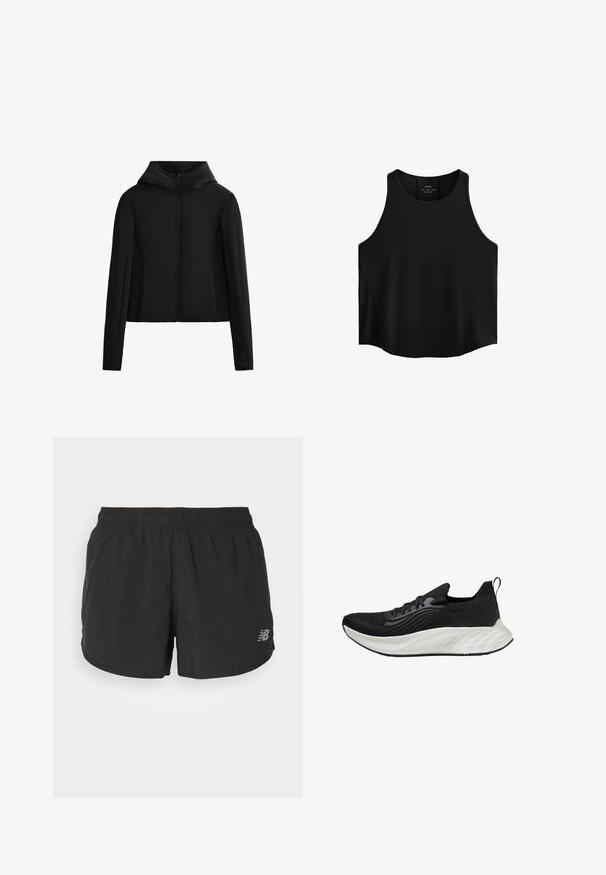 Črna kapuca jakna iz lahkih materialov. Ima sprednji zadrgo, dolge rokave in krajši kroj. Gladka tekstura brez vidnih vzorcev.; Črna brezrokavna bluza iz gladkega materiala, ki ima okroglo izrezovanje, raven kroj in stranske panele z rahlo teksturo.; Črne atletske kratke hlače z elastičnim pasom, izdelane iz lahkotnega materiala. Na spodnjem desnem delu se nahaja majhna siva oznaka.; Črne atletske čevlje s teksturiranim zgornjim delom, belim oblazinjenim podplatom in diskretnim logotipom. Imajo zanko za lažje obuvanje in vezalni sistem.