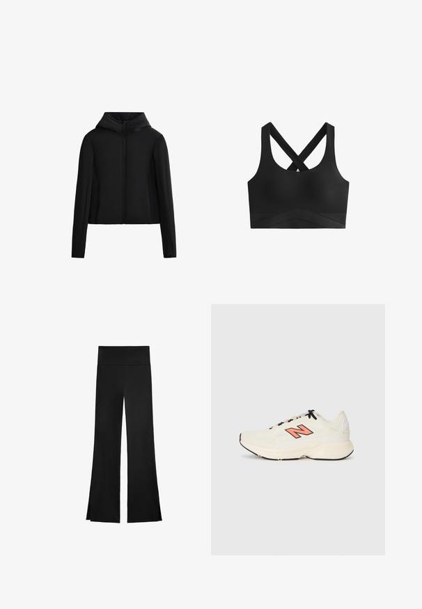 Zwarte hoodiejack gemaakt van lichtgewicht stof. Heeft een rits aan de voorkant, lange mouwen en een cropped snit. Glad textuur zonder zichtbare patronen.; Zwarte sportbeha met gekruiste banden, gladde textuur en een brede band met een chevronpatroon op het onderste gedeelte.; Zwarte broek met een wijd beenontwerp, voorzien van een hoge tailleband en zijsplitten voor gemakkelijke beweging. Gemaakt van een gladde, rekbare stof.; Crèmekleurige sport sneaker met zwarte veters, dikke zool en een oranje "N" logo aan de zijkant, weergegeven vanuit het linkse profiel op een witte achtergrond.