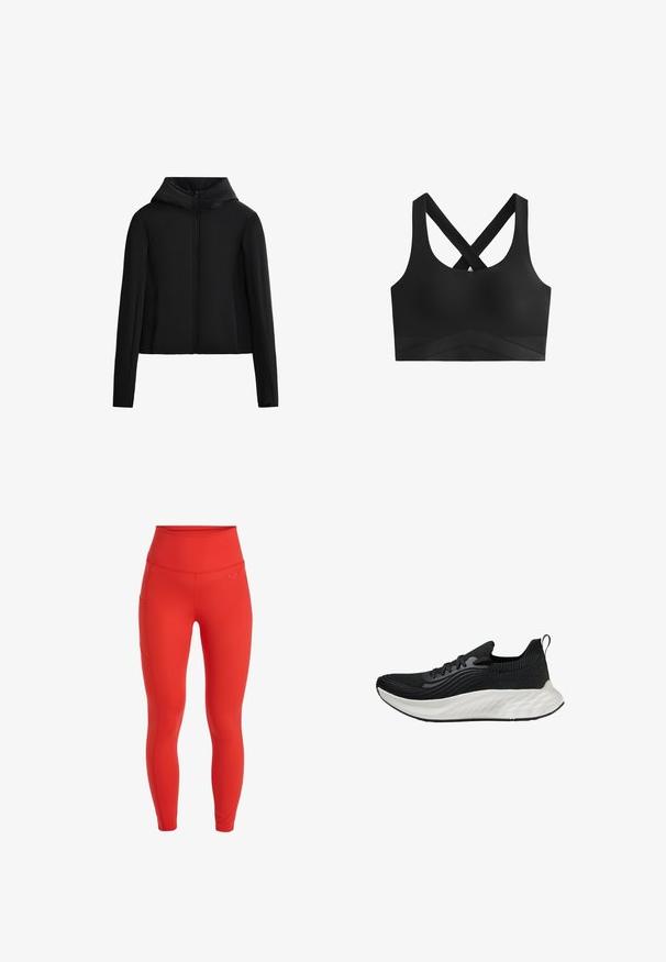 Schwarze Kapuzenjacke aus leichtem Stoff. Mit durchgehendem Reißverschluss, langen Ärmeln und cropped Schnitt. Glatte Textur ohne sichtbare Muster.; Schwarzer Sport-BH mit gekreuzten Trägern, glatter Textur und einem breiten Bund mit einem Chevron-Muster im unteren Bereich.; Rote hoch geschnittene Leggings mit einer glatten Textur, ausgestattet mit einer Seitentasche und einem kleinen Logo über dem Bund. Figurbetontes Design.; Schwarzer Sportschuh mit einer strukturierten Oberseite, einer weißen gepolsterten Sohle und dezentem Branding. Verfügt über eine Zuglasche und eine Schnürverschluss.
