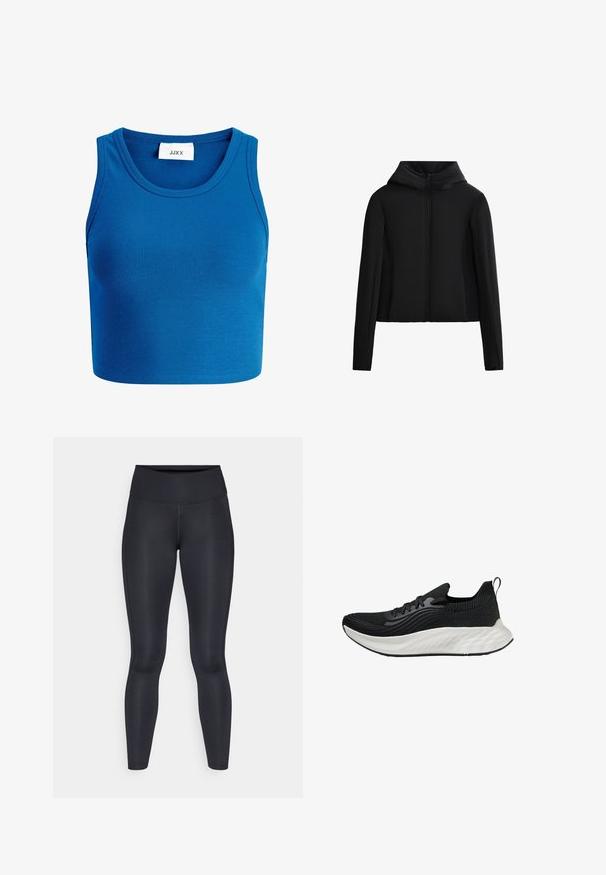 Črna kapuca jakna iz lahkih materialov. Ima sprednji zadrgo, dolge rokave in krajši kroj. Gladka tekstura brez vidnih vzorcev.; Modra rebrasta kratka majica s širokim izrezom, bez rukava, in oznako "JJXX", ki se nahaja v središču izrezanega dela.; Črne legice narejene iz gladkega, elastičnega materiala. Visok pas brez vidnih vzorcev ali dodatkov. Tesno se prilegajo od pasu do gležnjev.; Črne atletske čevlje s teksturiranim zgornjim delom, belim oblazinjenim podplatom in diskretnim logotipom. Imajo zanko za lažje obuvanje in vezalni sistem.