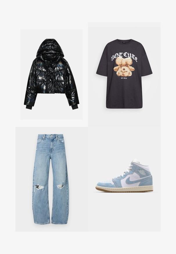 Even&Odd Talvejope - black; Musthave musta t-särk, millel on karu graafika ja tekst "EI NII NÄDALA, KUID MÄRG" paksult valgete tähtedega. Puuvillane materjal.; Heledad hallideega sinised teksad, millel on kõrge talje. Teksade jalgadel on lai alus, kaks rebitud kohta põlvede ümber ning klassikaline viie tasku stiil.; Jordan AIR JORDAN 1 MID SE - Kõrge servaga tossud - white/worn blue/sail/light brown