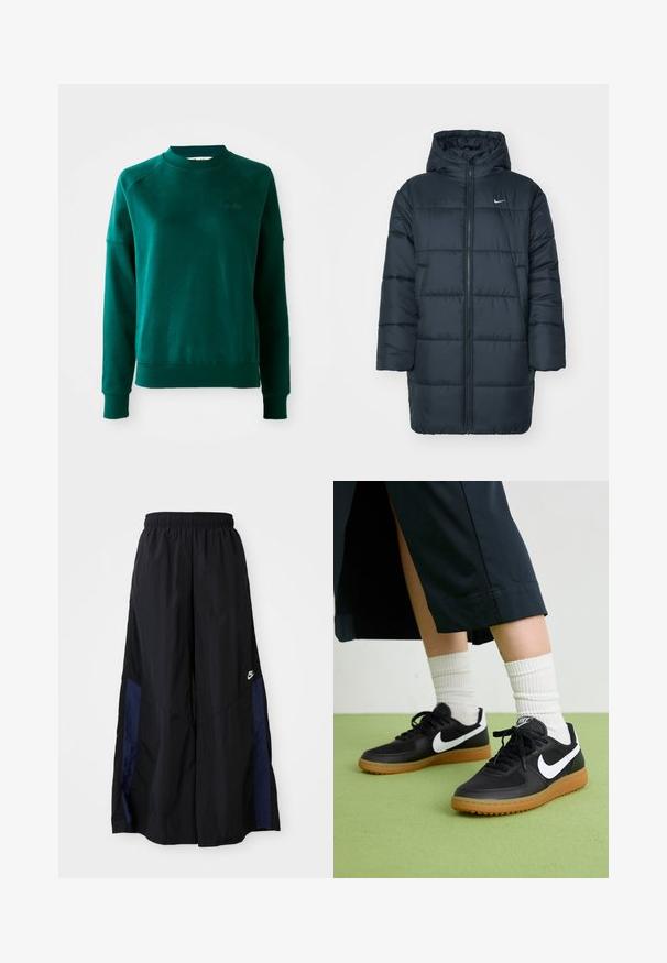 Giacca a vento in blu navy scuro, dotata di cappuccio, zip frontale completa, polsini a coste e design trapuntato con cuciture orizzontali. Logo Nike sul petto.; Felpa verde a collo rotondo con maniche raglan, realizzata in morbido tessuto. Presenta un colletto e polsini a coste e un logo discreto sul petto.; Pantaloni neri a gamba larga realizzati in tessuto leggero, con un pannello laterale blu navy e una cintura elastica. Piccolo logo bianco sul fondo.; Sneaker in pelle nera e sintetica con logo Nike bianco, suola in gomma, punta rotonda e lacci neri. Calze bianche a righe visibili.