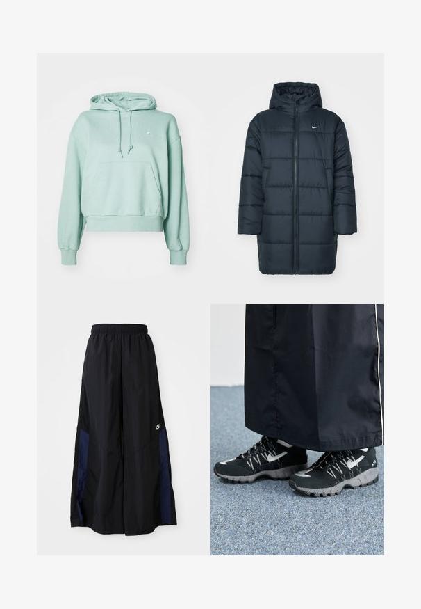 Giacca a vento in blu navy scuro, dotata di cappuccio, zip frontale completa, polsini a coste e design trapuntato con cuciture orizzontali. Logo Nike sul petto.; Felpa con cappuccio verde menta realizzata in tessuto morbido, dotata di tasca frontale, lacci e polsini e orlo a coste. Piccolo logo sul petto.; Pantaloni neri a gamba larga realizzati in tessuto leggero, con un pannello laterale blu navy e una cintura elastica. Piccolo logo bianco sul fondo.; Scarpe sportive nere con tomaia testurizzata, dettagli argentati e suola con motivo, abbinate a un lungo indumento nero. Ambientate su un tappeto blu.