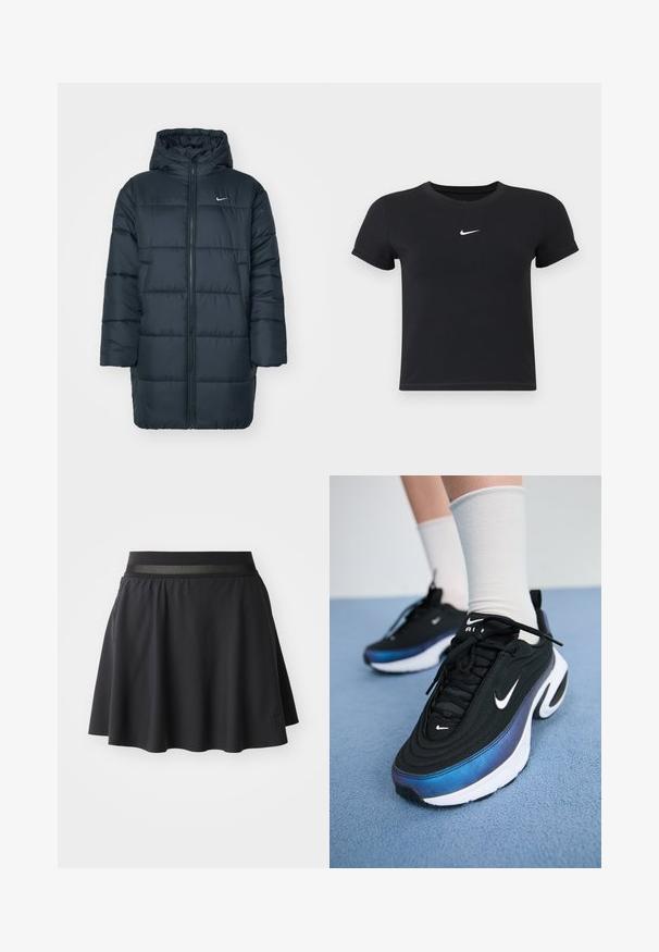 Chaqueta acolchada en azul marino oscuro, con capucha, cremallera frontal completa, puños de canalé y diseño acolchado con costuras horizontales. Logo de Nike en el pecho.; Camiseta negra de manga corta hecha de algodón con un cuello redondo. Presenta un logo blanco de Nike en el pecho, diseño minimalista y forma ajustada.; Falda atlética negra con un diseño acampanado, cinturilla elástica con un acento de malla y un parche con logo en el lado inferior.; Zapatillas Nike negras con un upper de tejido suave, que presentan un diseño en degradado de azul a negro, suela blanca y acentos de logotipo prominentes.