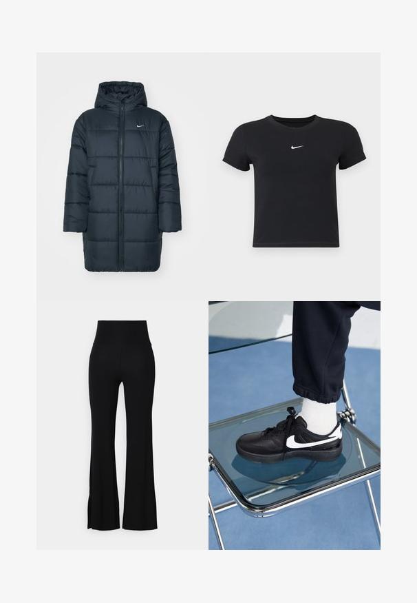 Puffer jacket in dark navy, featuring a hood, full front zipper, ribbed cuffs, and quilted design with horizontal stitching. Nike logo on chest.; Black short-sleeve t-shirt made of cotton with a round neckline. Features a white Nike logo on the chest, minimalistic design, and fitted shape.; Black flared pants made of stretchy fabric, featuring a high waist and a smooth texture. The hem flares out gently from the knee.; Black Nike sneakers with white accents, featuring a smooth leather texture, lace-up design, and rounded toe, positioned on a glass chair.