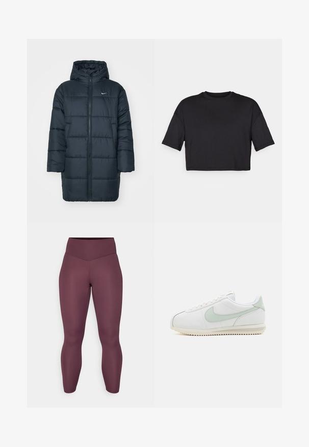 Chaqueta acolchada en azul marino oscuro, con capucha, cremallera frontal completa, puños de canalé y diseño acolchado con costuras horizontales. Logo de Nike en el pecho.; Camiseta negra corta hecha de tejido suave, con un escote redondo y mangas cortas y amplias, con un diseño simple y sin costuras.; Leggings de tiro alto y ajustados en un rico color burdeos. Fabricados con un tejido suave y elástico sin patrones visibles ni herrajes.; Zapatos de cuero blancos con acentos en verde claro. Punta redonda, diseño de cordones y suela texturizada con un patrón en zigzag. Estilo minimalista.