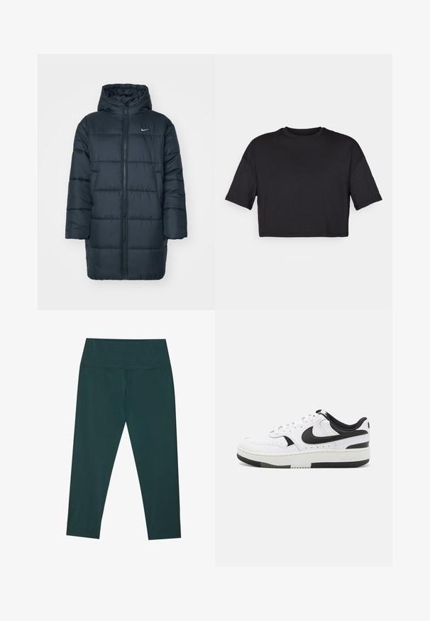 Giacca a vento in blu navy scuro, dotata di cappuccio, zip frontale completa, polsini a coste e design trapuntato con cuciture orizzontali. Logo Nike sul petto.; T-shirt nero cropped realizzato in tessuto morbido, con scollatura rotonda e maniche corte e larghe, dal design semplice e senza cuciture.; Leggings capri verde scuro con una vita alta, realizzati in un materiale liscio ed elasticizzato. Presentano cuciture piatte e una silhouette aderente.; Sneaker bianca con accenti neri, materiale in pelle sintetica, punta tonda, suola imbottita e dettagli perforati sui lati.